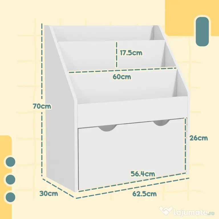 AIYAPLAY Bibliotecă pentru copii cu vârsta între 3-8 ani, cu 3 rafturi și sertar inferior, din MDF, 62,5x30x70 cm, alb