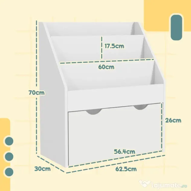 AIYAPLAY Bibliotecă pentru copii cu vârsta între 3-8 ani, cu 3 rafturi și sertar inferior, din MDF, 62,5x30x70 cm, alb