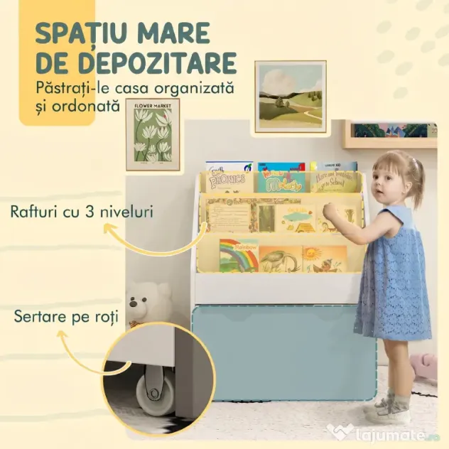 AIYAPLAY Bibliotecă pentru copii cu vârsta între 3-8 ani, cu 3 rafturi și sertar inferior, din MDF, 62,5x30x70 cm, alb