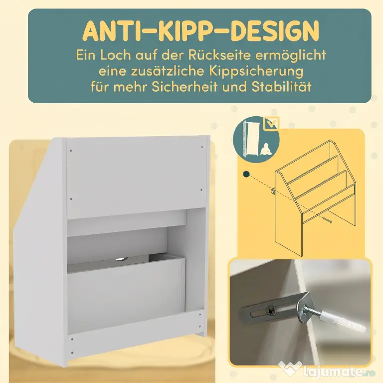 AIYAPLAY Bibliotecă pentru copii cu vârsta între 3-8 ani, cu 3 rafturi și sertar inferior, din MDF, 62,5x30x70 cm, alb
