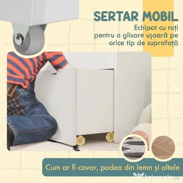 AIYAPLAY Bibliotecă pentru copii cu vârsta între 3-8 ani, cu 3 rafturi și sertar inferior, din MDF, 62,5x30x70 cm, alb