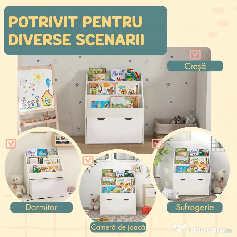 AIYAPLAY Bibliotecă pentru copii cu vârsta între 3-8 ani, cu 3 rafturi și sertar inferior, din MDF, 62,5x30x70 cm, alb