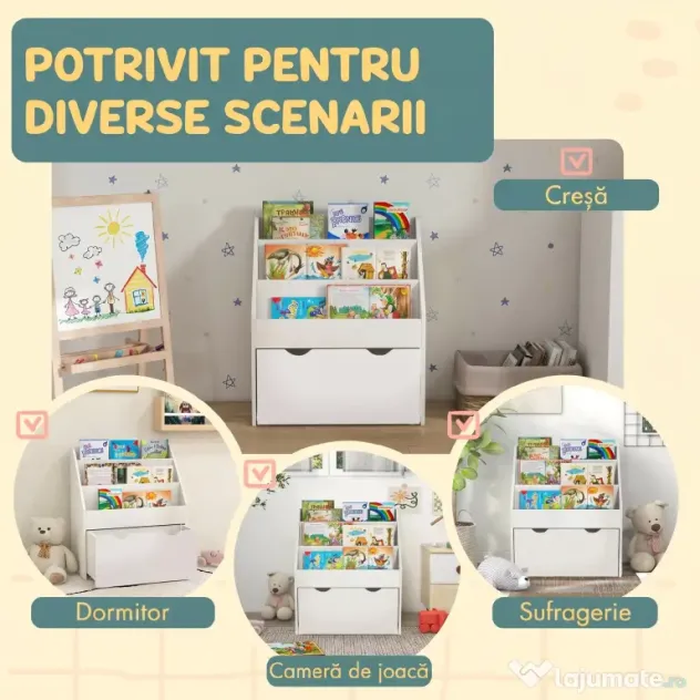AIYAPLAY Bibliotecă pentru copii cu vârsta între 3-8 ani, cu 3 rafturi și sertar inferior, din MDF, 62,5x30x70 cm, alb