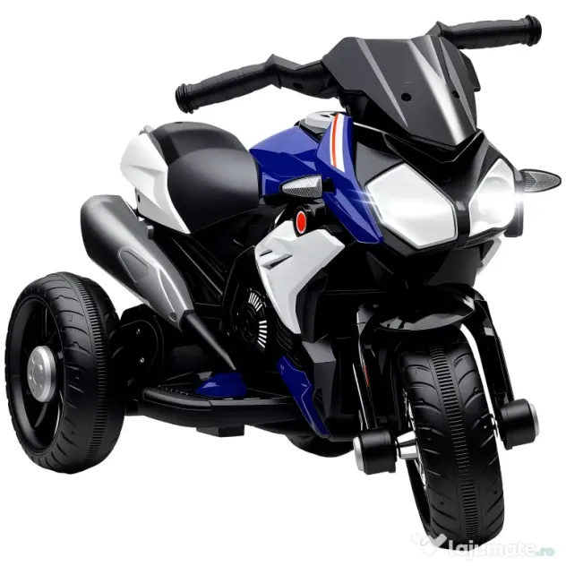 HOMCOM Motocicletă Electrică pentru Copii 3-5 Ani Max. 25kg cu Lumini, Muzică, Baterie 6V și Viteză 3km/h, 86x42x52 cm, Albastră