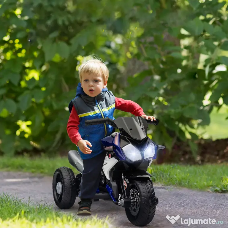 HOMCOM Motocicletă Electrică pentru Copii 3-5 Ani Max. 25kg cu Lumini, Muzică, Baterie 6V și Viteză 3km/h, 86x42x52 cm, Albastră