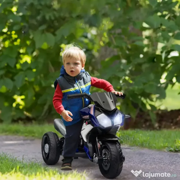 HOMCOM Motocicletă Electrică pentru Copii 3-5 Ani Max. 25kg cu Lumini, Muzică, Baterie 6V și Viteză 3km/h, 86x42x52 cm, Albastră