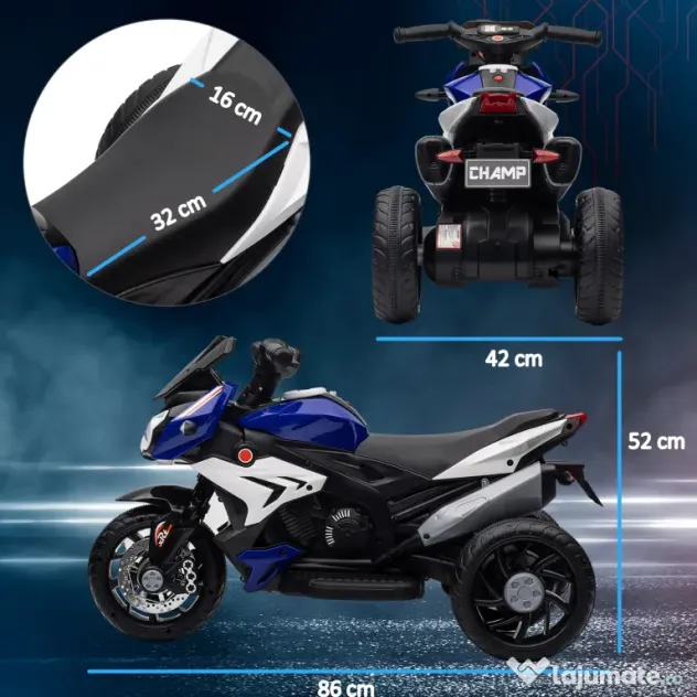 HOMCOM Motocicletă Electrică pentru Copii 3-5 Ani Max. 25kg cu Lumini, Muzică, Baterie 6V și Viteză 3km/h, 86x42x52 cm, Albastră