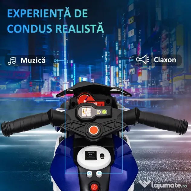 HOMCOM Motocicletă Electrică pentru Copii 3-5 Ani Max. 25kg cu Lumini, Muzică, Baterie 6V și Viteză 3km/h, 86x42x52 cm, Albastră