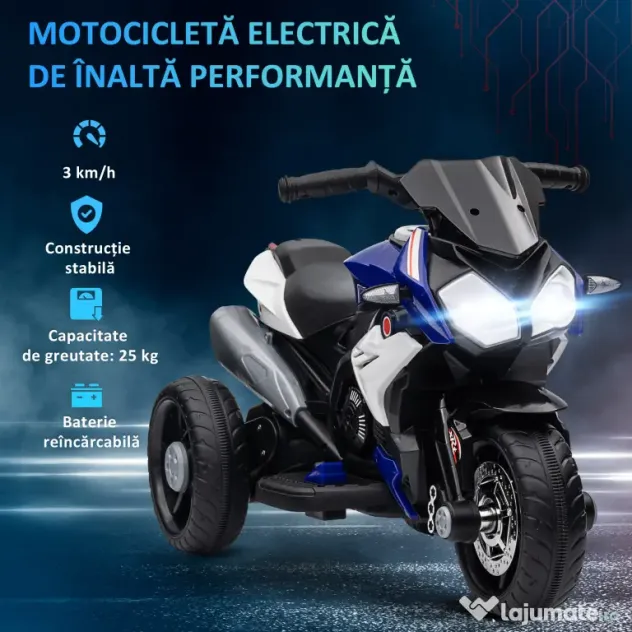 HOMCOM Motocicletă Electrică pentru Copii 3-5 Ani Max. 25kg cu Lumini, Muzică, Baterie 6V și Viteză 3km/h, 86x42x52 cm, Albastră