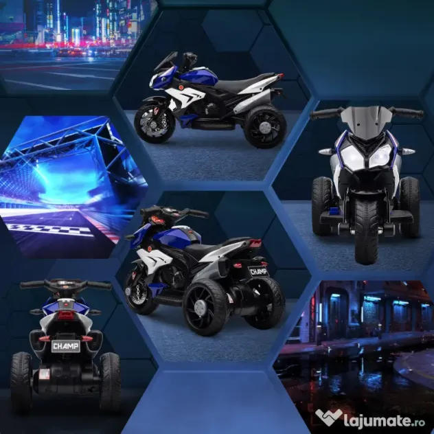 HOMCOM Motocicletă Electrică pentru Copii 3-5 Ani Max. 25kg cu Lumini, Muzică, Baterie 6V și Viteză 3km/h, 86x42x52 cm, Albastră