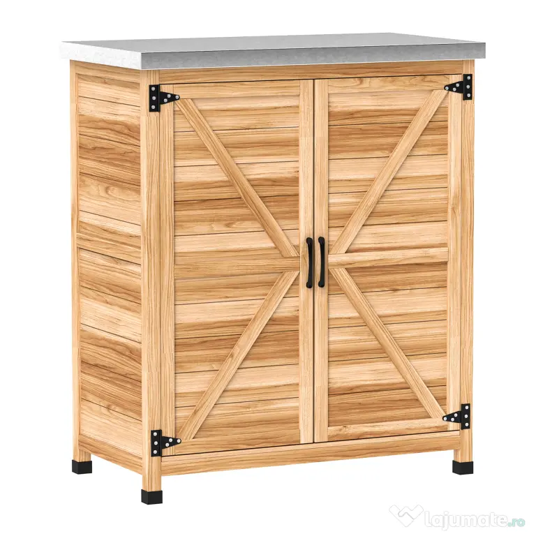 Outsunny Dulap Exterior cu Raft Intern și Banc de Lucru, din Lemn și Oțel Zincat, 79x43x92 cm, culoare lemn
