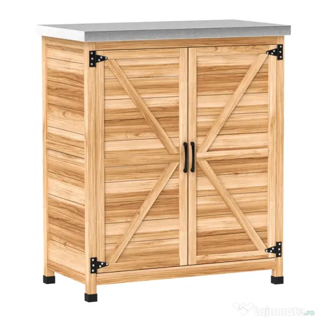 Outsunny Dulap Exterior cu Raft Intern și Banc de Lucru, din Lemn și Oțel Zincat, 79x43x92 cm, culoare lemn