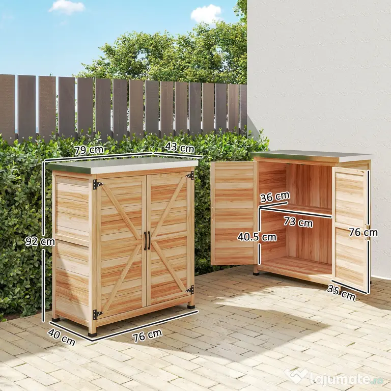 Outsunny Dulap Exterior cu Raft Intern și Banc de Lucru, din Lemn și Oțel Zincat, 79x43x92 cm, culoare lemn