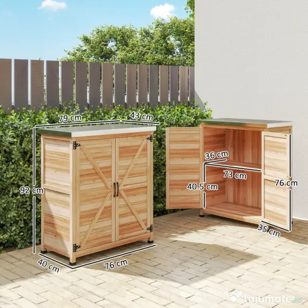 Outsunny Dulap Exterior cu Raft Intern și Banc de Lucru, din Lemn și Oțel Zincat, 79x43x92 cm, culoare lemn