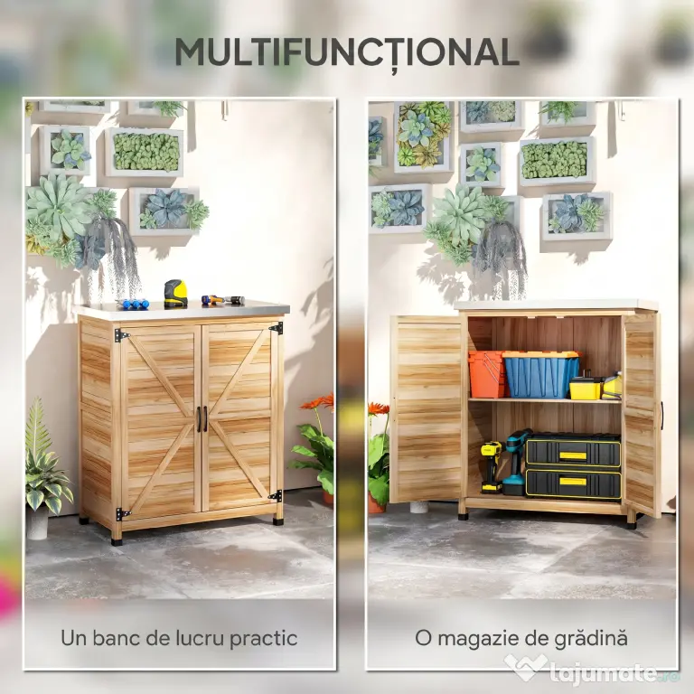 Outsunny Dulap Exterior cu Raft Intern și Banc de Lucru, din Lemn și Oțel Zincat, 79x43x92 cm, culoare lemn