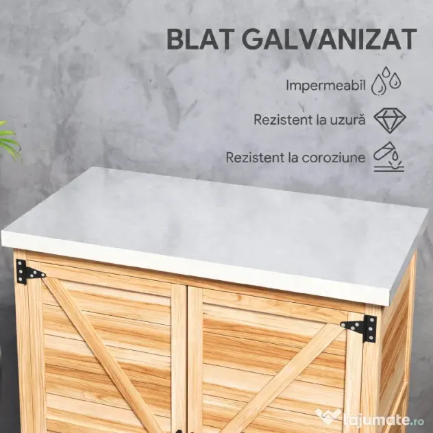 Outsunny Dulap Exterior cu Raft Intern și Banc de Lucru, din Lemn și Oțel Zincat, 79x43x92 cm, culoare lemn
