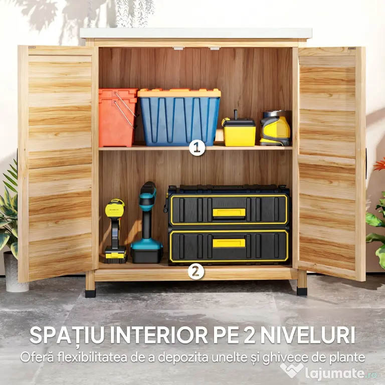 Outsunny Dulap Exterior cu Raft Intern și Banc de Lucru, din Lemn și Oțel Zincat, 79x43x92 cm, culoare lemn