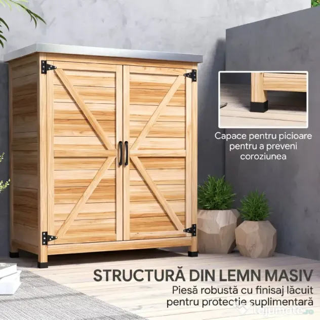 Outsunny Dulap Exterior cu Raft Intern și Banc de Lucru, din Lemn și Oțel Zincat, 79x43x92 cm, culoare lemn