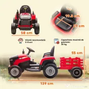 AIYAPLAY 2 în 1 Tractor Electric pentru Copii 3-8 Ani cu Remorcă Detașabilă, Telecomandă, Muzică, Lumini, Roșu 
