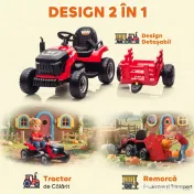 AIYAPLAY 2 în 1 Tractor Electric pentru Copii 3-8 Ani cu Remorcă Detașabilă, Telecomandă, Muzică, Lumini, Roșu 