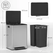 HOMCOM Coș de Gunoi cu Pedală cu 2 Compartimente de 30L, Capac Amortizat și Galeți Detașabili, Oțel Inoxidabil, Argintiu