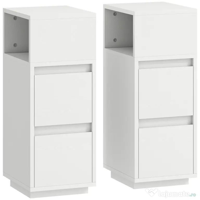 HOMCOM Set de 2 noptiere cu 2 sertare și raft deschis, moderne și compacte, 25x30x65 cm, alb