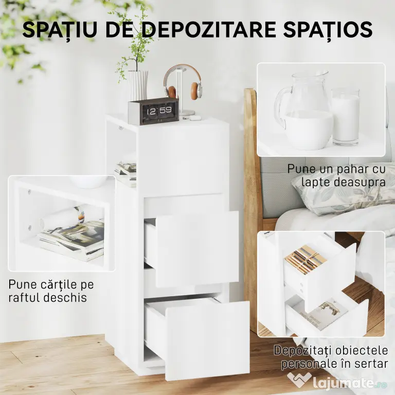 HOMCOM Set de 2 noptiere cu 2 sertare și raft deschis, moderne și compacte, 25x30x65 cm, alb