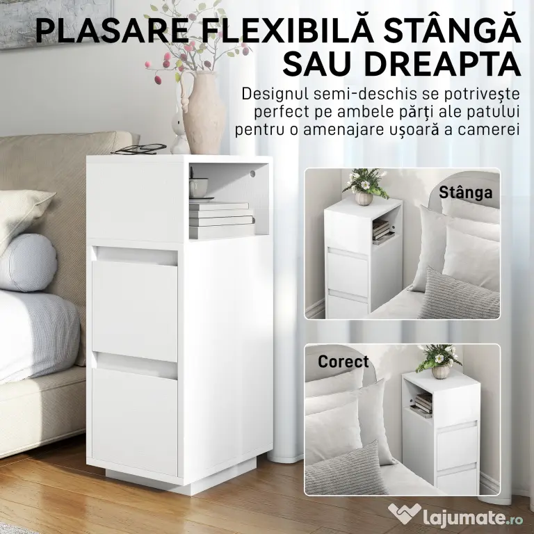 HOMCOM Set de 2 noptiere cu 2 sertare și raft deschis, moderne și compacte, 25x30x65 cm, alb