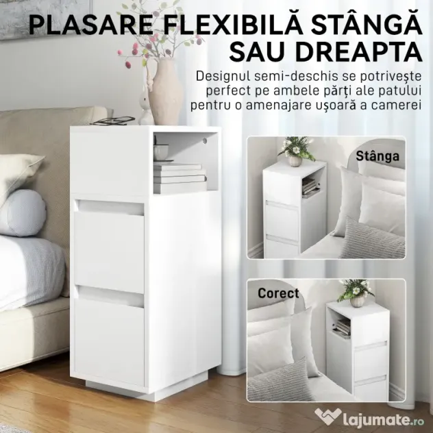 HOMCOM Set de 2 noptiere cu 2 sertare și raft deschis, moderne și compacte, 25x30x65 cm, alb