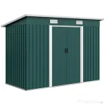 Outsunny Depozit de Grădină 3.18m² din Oțel Galvanizat cu Fante de Aerisire, Spațiu de Depozitare cu Uși Glisante Blocabile, Acoperiș Înclinat, Mănuși, 272x134x182 cm, Verde Închis
