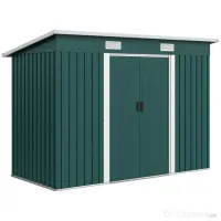Outsunny Depozit de Grădină 3.18m² din Oțel Galvanizat cu Fante de Aerisire, Spațiu de Depozitare cu Uși Glisante Blocabile, Acoperiș Înclinat, Mănuși, 272x134x182 cm, Verde Închis 