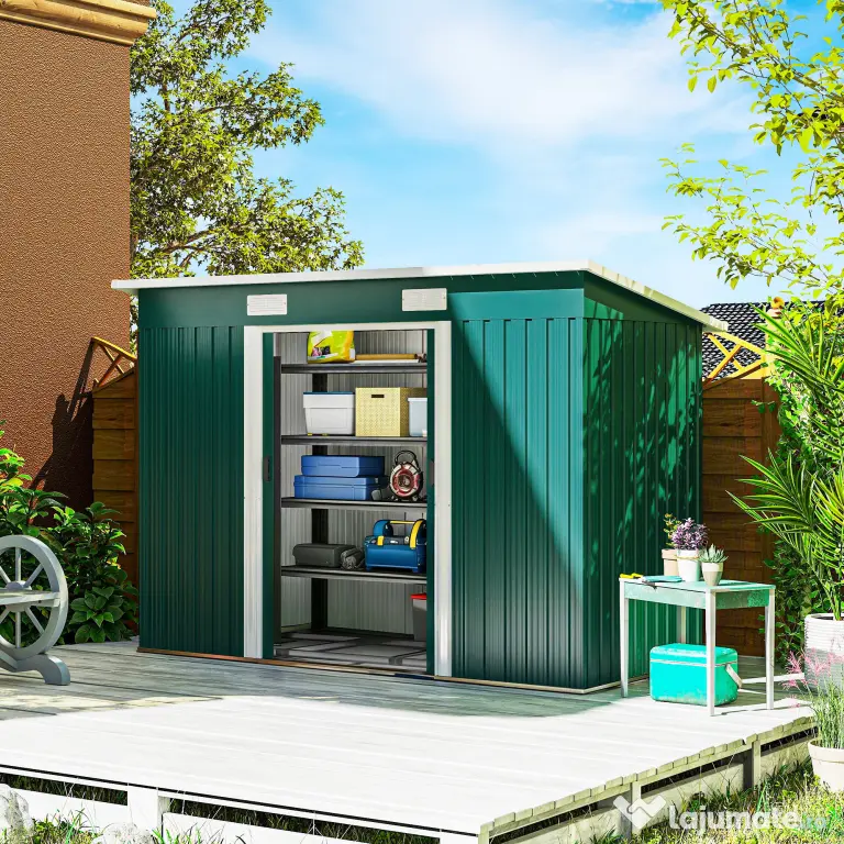 Outsunny Depozit de Grădină 3.18m² din Oțel Galvanizat cu Fante de Aerisire, Spațiu de Depozitare cu Uși Glisante Blocabile, Acoperiș Înclinat, Mănuși, 272x134x182 cm, Verde Închis