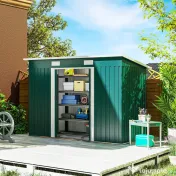Outsunny Depozit de Grădină 3.18m² din Oțel Galvanizat cu Fante de Aerisire, Spațiu de Depozitare cu Uși Glisante Blocabile, Acoperiș Înclinat, Mănuși, 272x134x182 cm, Verde Închis 