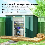 Outsunny Depozit de Grădină 3.18m² din Oțel Galvanizat cu Fante de Aerisire, Spațiu de Depozitare cu Uși Glisante Blocabile, Acoperiș Înclinat, Mănuși, 272x134x182 cm, Verde Închis 
