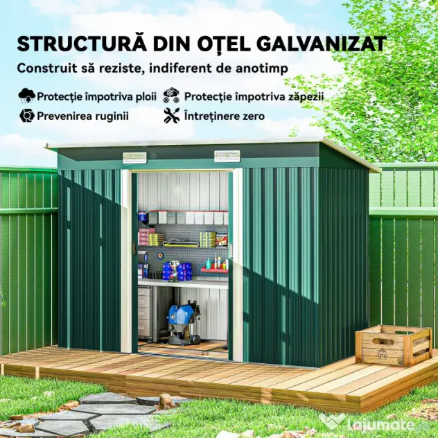 Outsunny Depozit de Grădină 3.18m² din Oțel Galvanizat cu Fante de Aerisire, Spațiu de Depozitare cu Uși Glisante Blocabile, Acoperiș Înclinat, Mănuși, 272x134x182 cm, Verde Închis