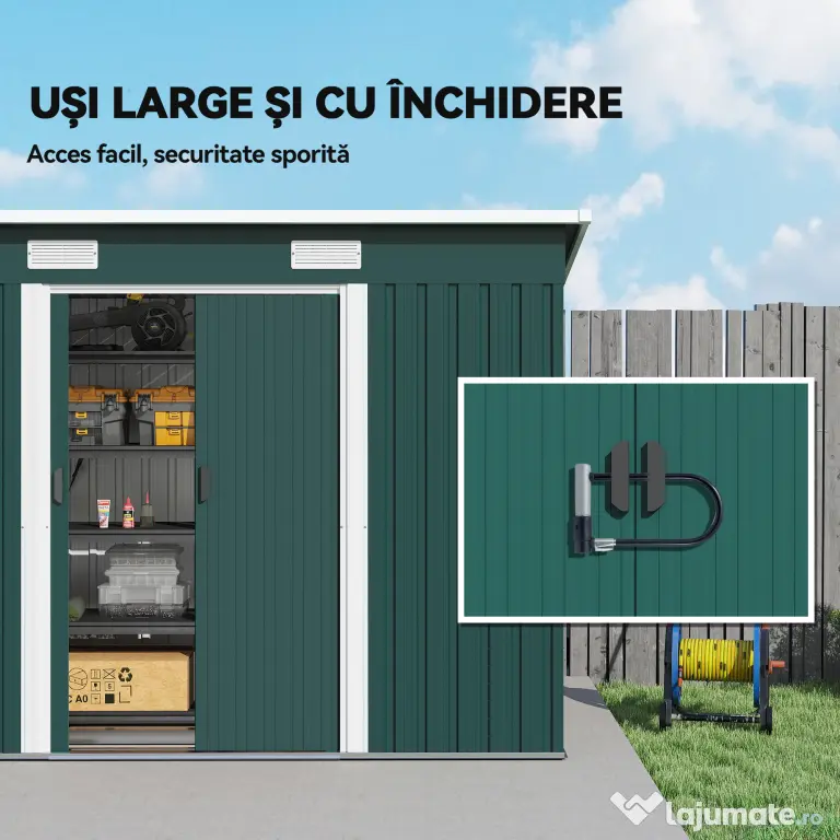Outsunny Depozit de Grădină 3.18m² din Oțel Galvanizat cu Fante de Aerisire, Spațiu de Depozitare cu Uși Glisante Blocabile, Acoperiș Înclinat, Mănuși, 272x134x182 cm, Verde Închis