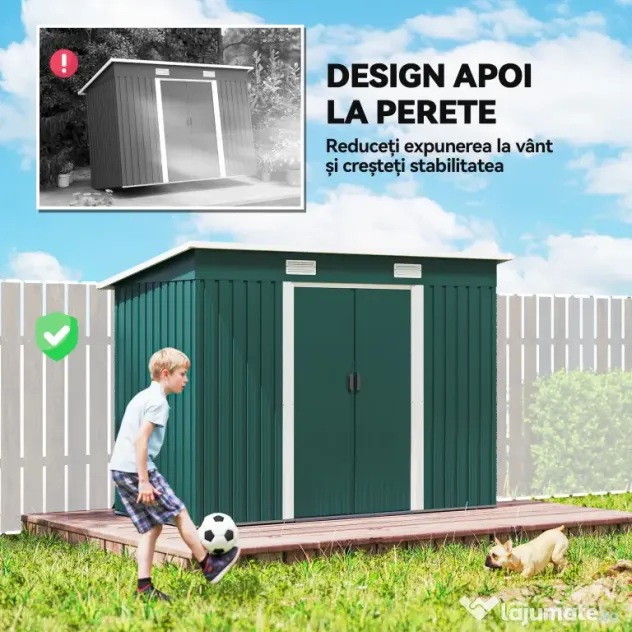 Outsunny Depozit de Grădină 3.18m² din Oțel Galvanizat cu Fante de Aerisire, Spațiu de Depozitare cu Uși Glisante Blocabile, Acoperiș Înclinat, Mănuși, 272x134x182 cm, Verde Închis