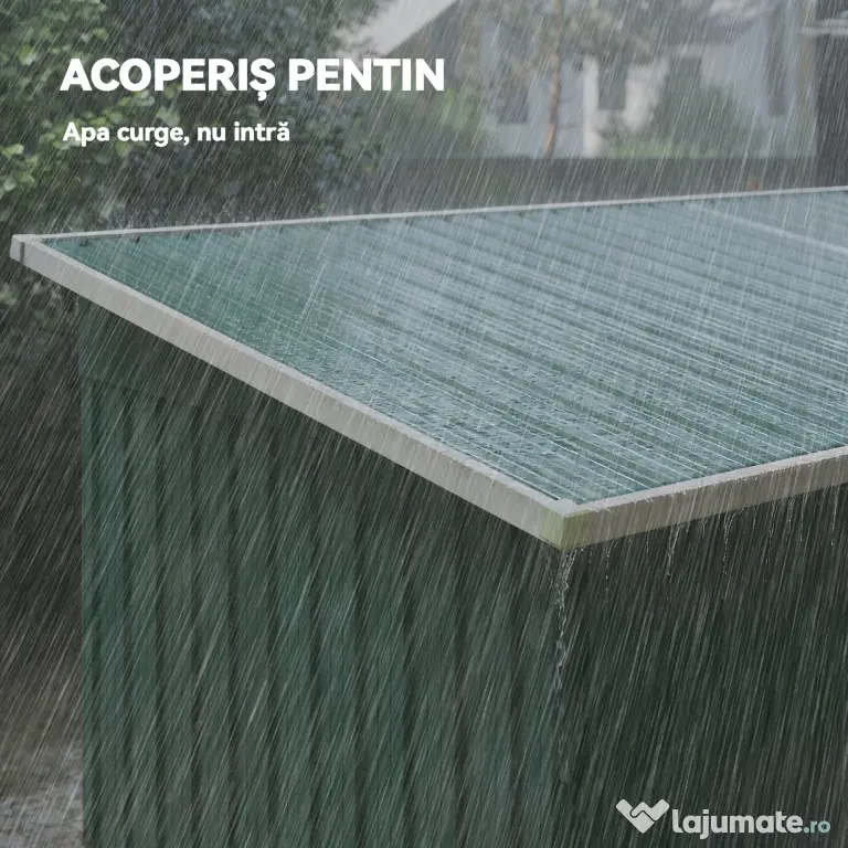 Outsunny Depozit de Grădină 3.18m² din Oțel Galvanizat cu Fante de Aerisire, Spațiu de Depozitare cu Uși Glisante Blocabile, Acoperiș Înclinat, Mănuși, 272x134x182 cm, Verde Închis