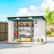Outsunny Depozit de Grădină 3.18m² din Oțel Galvanizat cu Fante de Aerisire, Spațiu de Depozitare cu Uși Glisante Blocabile, Acoperiș Înclinat, Mănuși, 272x134x182 cm, Verde Închis 