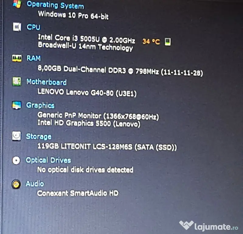 De vanzare laptop Lenovo--Intel i3-5005U--SSD 120 GB--8GB RAM--Baterie 5 ore
