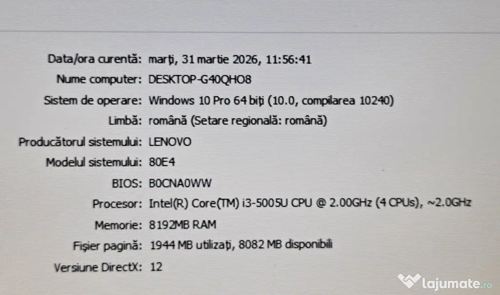 De vanzare laptop Lenovo--Intel i3-5005U--SSD 120 GB--8GB RAM--Baterie 5 ore