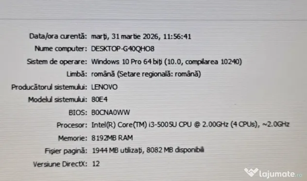 De vanzare laptop Lenovo--Intel i3-5005U--SSD 120 GB--8GB RAM--Baterie 5 ore