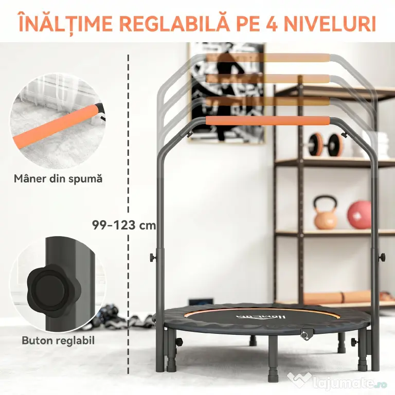 HOMCOM Trambulină Fitness Mini Pliabilă 45", cu Mâner Reglabil din Spumă, Portocaliu