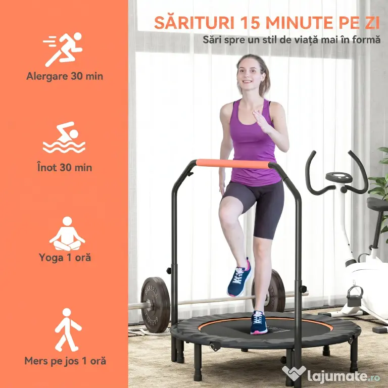 HOMCOM Trambulină Fitness Mini Pliabilă 45", cu Mâner Reglabil din Spumă, Portocaliu