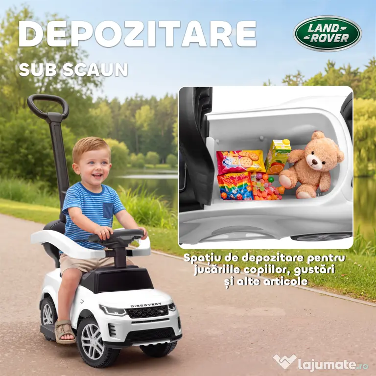 AIYAPLAY Mașinuță de Împins Licență Land Rover cu Mâner și Barieră, din PP și Oțel, 84x40x94.5 cm, Alb