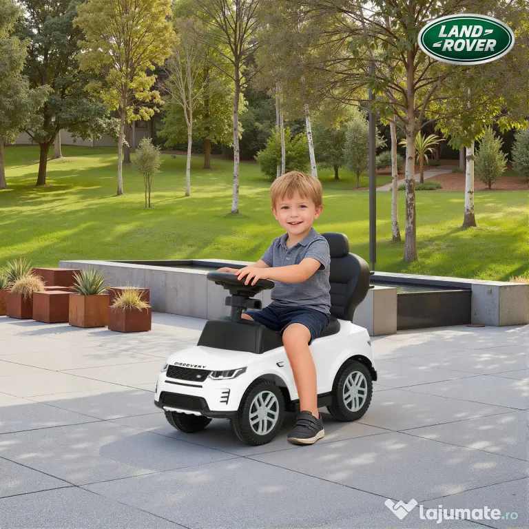 AIYAPLAY Mașinuță de Împins Licență Land Rover cu Mâner și Barieră, din PP și Oțel, 84x40x94.5 cm, Alb