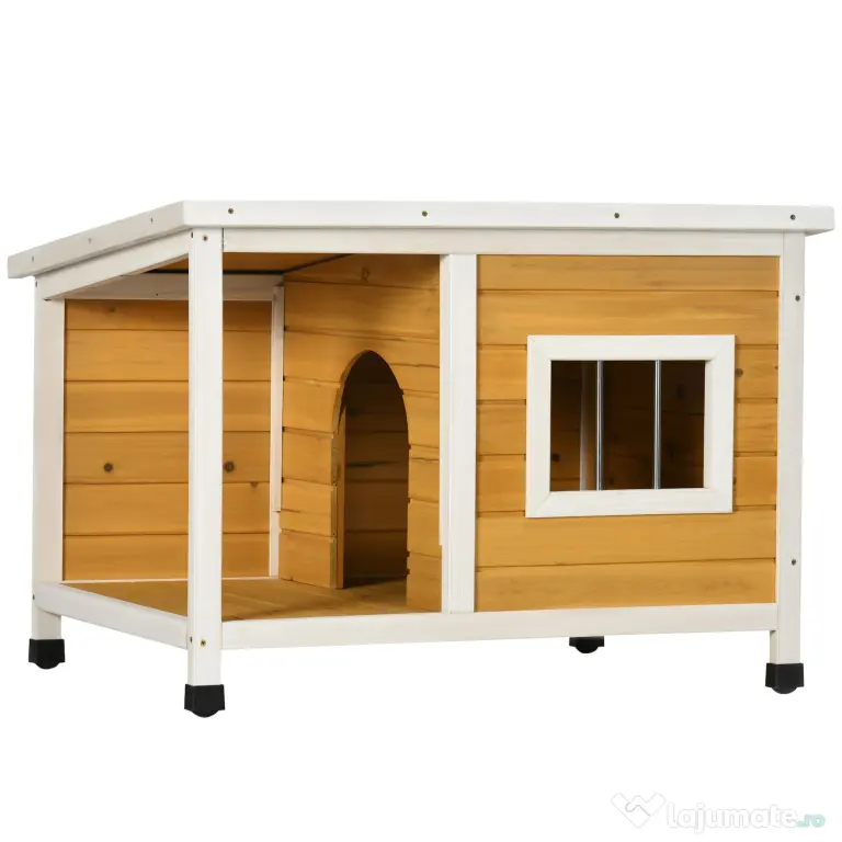 PawHut Cușcă pentru câini de exterior din lemn de brad cu verandă acoperită și acoperiș înclinat, 85.5x62x60 cm, multicolor