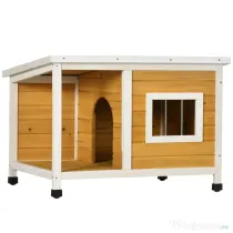 PawHut Cușcă pentru câini de exterior din lemn de brad cu verandă acoperită și acoperiș înclinat, 85.5x62x60 cm, multicolor