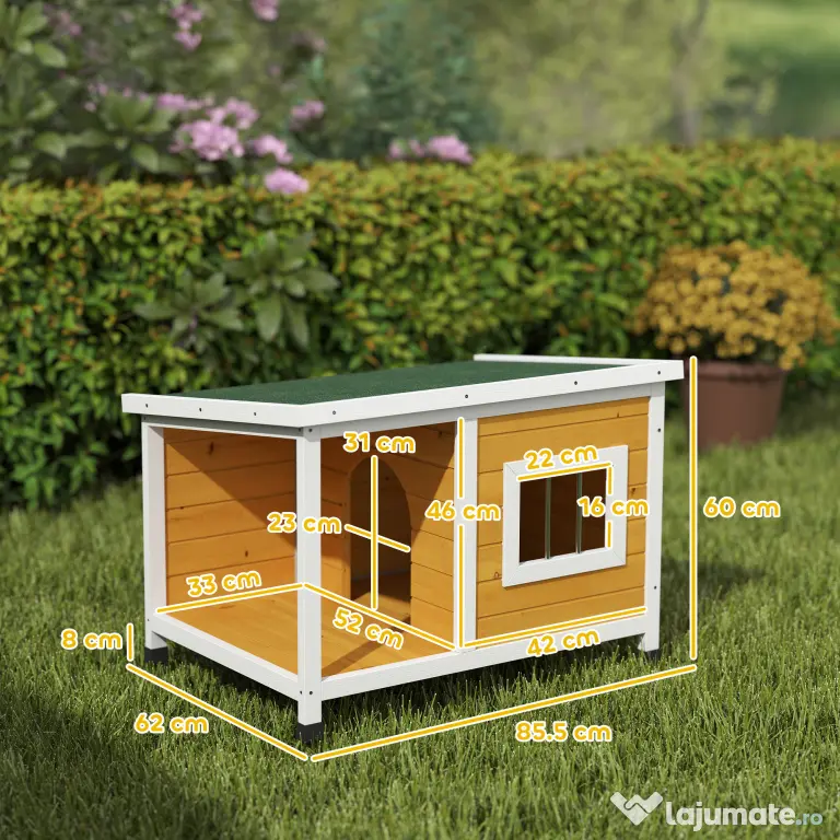 PawHut Cușcă pentru câini de exterior din lemn de brad cu verandă acoperită și acoperiș înclinat, 85.5x62x60 cm, multicolor