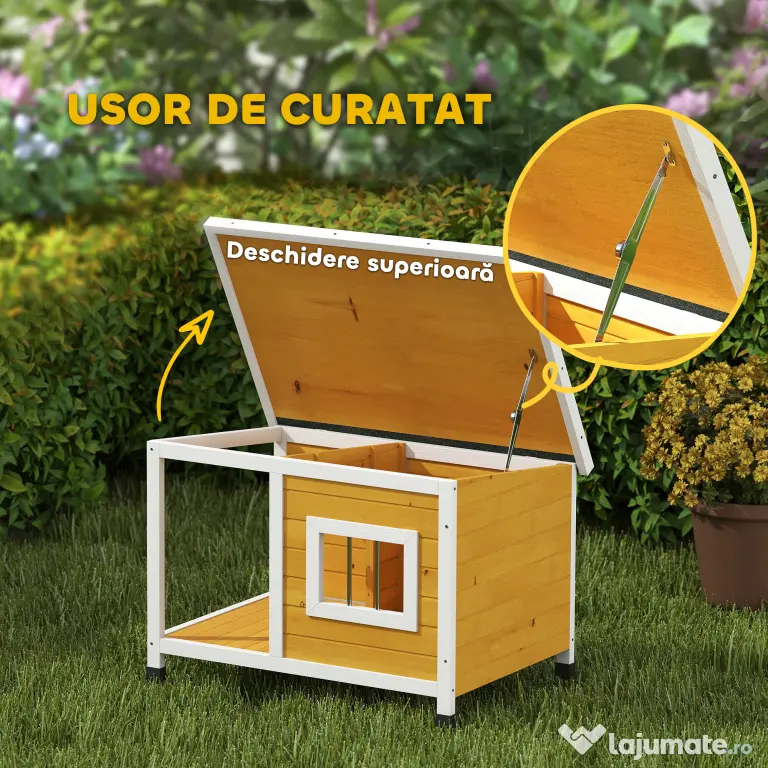 PawHut Cușcă pentru câini de exterior din lemn de brad cu verandă acoperită și acoperiș înclinat, 85.5x62x60 cm, multicolor